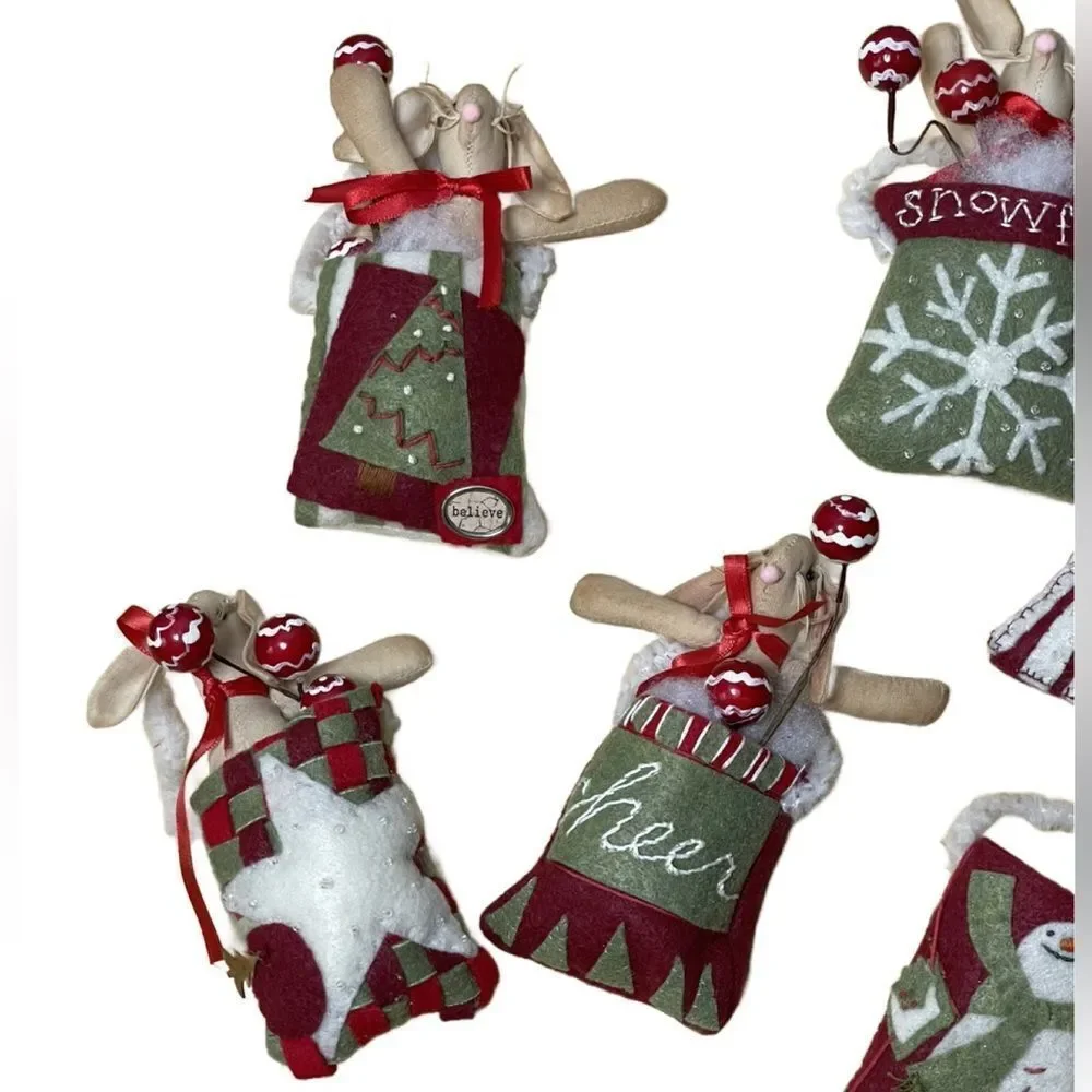 Festive Holiday Ornament Set - Red, Green, White Felt Bags w/Bunnies & Cotton